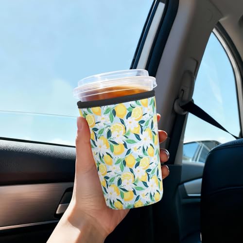Image of Reusable Insulated Sleeve for Iced Coffee Cup, 3-Pack Coffee Neoprene Drink Sleeve for Cold & Hot Drinks, Beverage Holder for Iced Coffee (Bright Lemons)