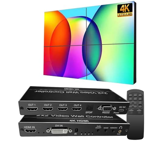 Contrôleur Mural Vidéo, Entrée HDMI & DVI 4k Permet 4 écrans TV Jusqu'à 1 Écran Mural, Rotation à 180°, Audio Supplémentaire, Télécommande IR & RS232+Bouton Pression Contrôle, Contrôleur Mural Vidéo