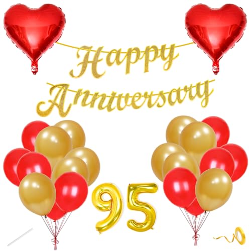Image of Flyloons 95th Happy Anniversary Decoration Items Red Gold for Men Women Husband Wife Mom Dad Parent Couple Home Bedroom Car With 20 Pcs Metallic Balloons Anniversary Banner 2 Pcs Heart Set Kit