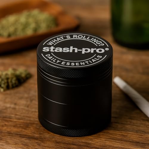 Image of Stash-Pro Premium 63mm Herb Grinder for Dry Herbs & Spices - 4-Piece Aluminum Crusher with Pollen Catcher, Unique Blade Design, Storage Chamber & Mesh Filter - Sleek Black Finish
