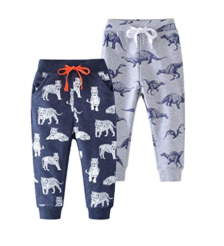 Image of HUAER& Baby Boy's Jogger Pants Dinosaur Car Animal Print Drawstring Elastic Sweatpants (1-Pack 2-Pack)