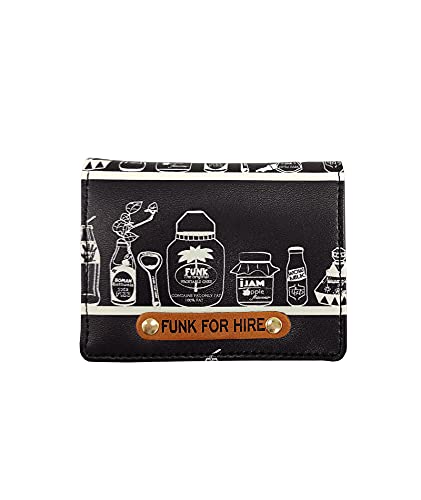 Image of Funk For Hire Black & White Printed Leatherette Card Holder Wallet for Men & Women, Compact Bifold Design with Coin Pocket, 6 Card Slots, Cash Compartment, Made in India