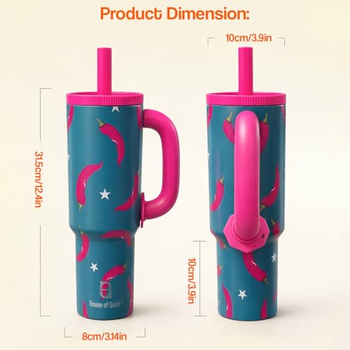 Image of House of Quirk 1200ml Stainless Steel Tumbler with Handle, Straw & Straw Cap | Leakproof Water Bottle | Large Capacity Travel Mug (Chili Twist)