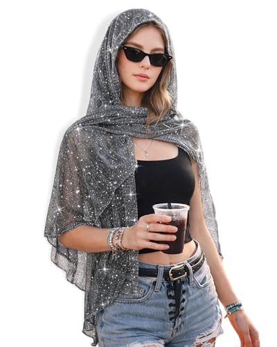 JENSVOIR Shawl Wraps for Women Grey Sequin Rave Scarf Sparkling Headscarf Hijab Neck Scarf for Evening Dress Beach Cover Up