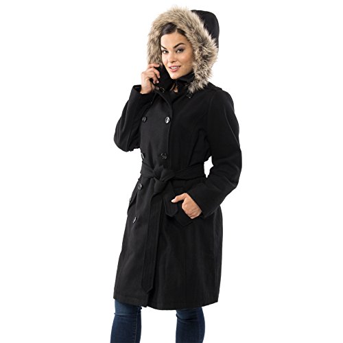 Alpine Swiss Womens Wool Parka Jacket Removable Fur Trim Hood Belted Trench Coat Blk 2Xl #TOP2