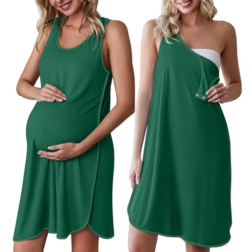 Image of Ekouaer Labor and Delivery Gown for Hospital 3 in 1 Nursing Dress Sleeveless Maternity Snap Button Breastfeeding Nightgown Ivy Green M