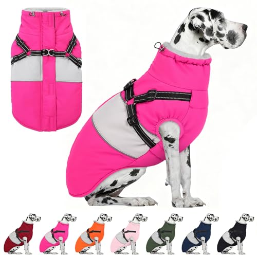 Image of AOFITEE Dog Coat, Large Dog Jacket, Dogs Coat with Harness Built in, Reflective Waterproof Dogs Jackets Winter with Furry Collar, Warm Polar Fleece Pet Sweater Snowsuit for Doberman, Great Dane XXXL