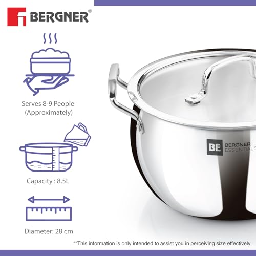 Image of Bergner BE Essentials TriPly Stainless Steel Rice Handi 28cm (9.5L), Biryani Handi with Glass Lid, Ergonomic Handle with Excellent Grip, Less Oil Use, Healthy Cooking - Induction and Gas Stove Ready