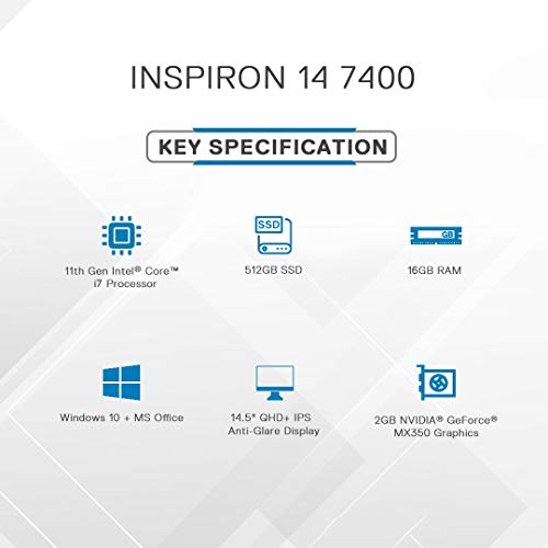 Image of DELL Inspiron 7400 14.5 Qhd+ IPS Anti Glare Display Laptop (I7-1165G7|16 Gb|512 Ssd /Nvidia Mx 350 2 Gb Graphics /Win 10 + Ms Office /Silver /Backlit with Fpr) D560382Win9S,Intel