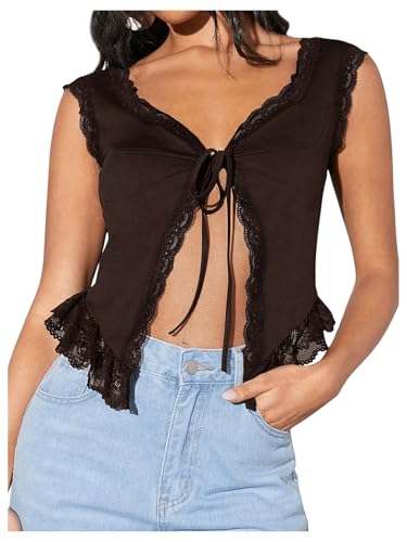 Milumia Women's Lace Trim Open Tie Front Tops Y2k Sleeveless Deep