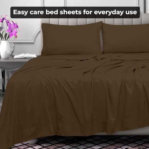 Image of Royale Linens Full Flat Sheet - Ultra Soft Brushed 1800 Microfiber Flat Sheets Only - Wrinkle Free & Stain Resistant - Hotel Quality Top Sheet for Bed (Full, Chocolate)