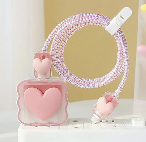 Image of INEFABLE Charger Case Cover Protector with 3D Cute Pattern for iPhone Charger only 18W & 20W, Data Charging Cable Wire Saver Protective Cable Cover Full Protection - Set Of 1 (Pink Heart)