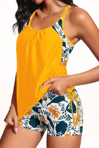 Image of Holipick Blouson Tankini Swimsuits for Women - Two Piece Tummy Control Bathing Suit with Shorts Modest Swimwear