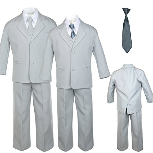 Unotux 6pc Boy Gray Vest Formal Tuxedo Suits with Satin Dark Gray Necktie Baby to Teen (Size: 18)