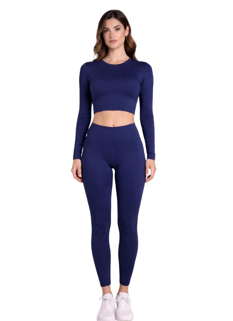 Women's Athletic 2-Piece Compression Set, Black Long Sleeve Lycra Spandex Crop Top with High Waist Leggings, Performance Stretch Fabric, Gym wear-image-7