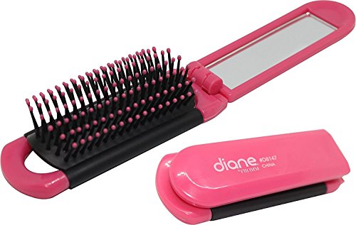 Folding Travel Hair Brush with Mirror Quality Pink Pop Up Compact Pocket Foldable Size for Purse Bag - 6 Month Warranty