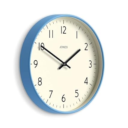JONES CLOCKS® Studio Wall Clock | Modern Round Style | 12 inch | Mid Blue | Easy to Read Numbers |