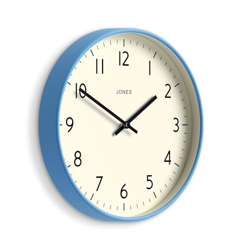 Image of Jones Clocks® Studio wall clock | Modern round style | 30cm | Mid blue | Easy to read numbers | Versatile design for kitchen, living room or office