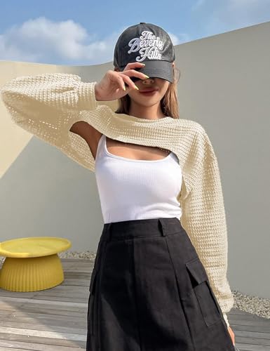 Women's Knitted Crop Top Long Sleeve Hollow Out Shrug Sweater Y2K Knit Cover Up Tops4