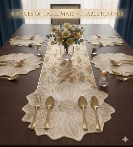 Image of Dakshya Industries Dining Table Placemat Set with Runner | PVC Waterproof Leaf Shape Table Mats Heat Resistant Washable Home Decor