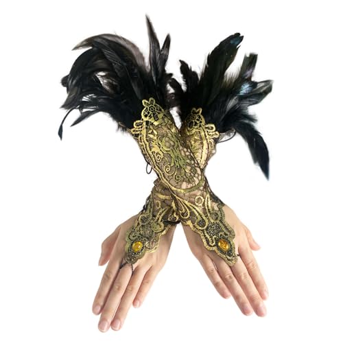 Yimianshou Black Lace Gloves for Women Feather Gloves Swan Wings Wrist Bands Witch Angel Costume Accessories (Black-YCZ Gloves Medium)