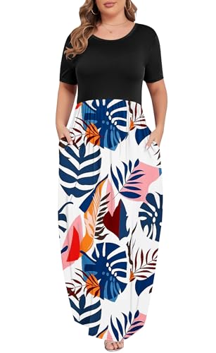Image of KARALIN Women Plus Size Maxi Dress Short Sleeve Round Neck Loose Fit A-Line | Plus Size Long Dress,Summer Casual Maxi Dresses,Short Sleeve,Side Pockets,Round Neck,Elastic Waist,14 Plus - 26 Plus