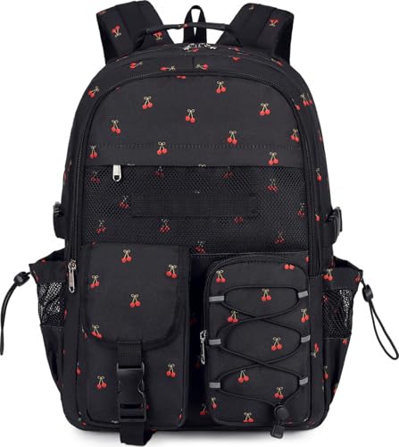 JIANYA Backpack for Girls School Bookbag for Middle School High School Student Big Kids Laptop Backpack Travel Daypack Cherry/Black