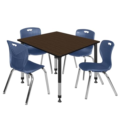 Romig Trek 48 in. Square Adjustable Classroom Table- Neo Walnut Top, Black Base & 4 Andy 18 in. Blue Stack Chairs