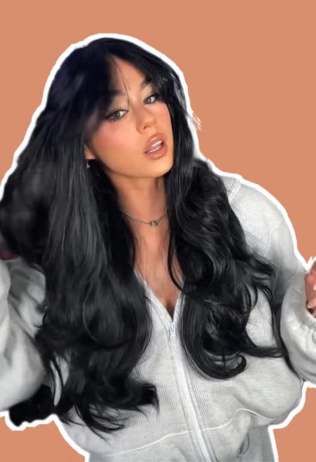 Miniatura 5 de KIKO - Peluca larga y rizada negra con flequillo en capas, pelucas sin pegamento para mujer, pelucas sintéticas naturales para uso diario (pelucas