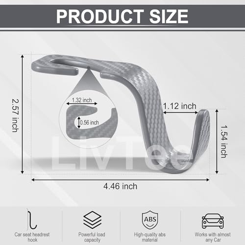 Image of LivTee Car Purse Hook, 4 Pack Universal Auto Seat Headrest Hook Hangers Organizer for Coats, Umbrellas, Groceries - Carbon Fiber Gray