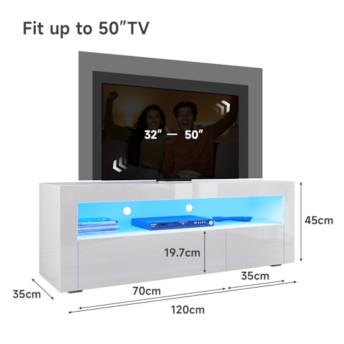 ELEGANT 1200mm Modern TV Cabinet with RGB LED Lights White Gloss TV Unit for up to 50" TV with Ambient Light for Living Room Furniture, Power Adapter included - Image 6