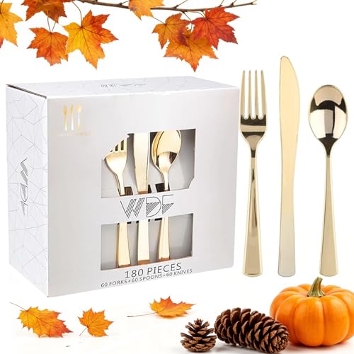 WDF 180 Pieces Disposable Plastic Gold Silverware Cutlery - Disposable Flatware Set 60 Forks, 60 Knives and 60 Spoons - Heavy Duty Gold Plastic Cutlery - Utensils for Wedding, Thanksgiving, Christmas