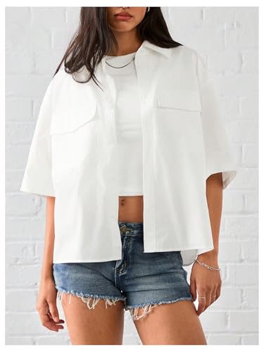 SHENHE Men's Short Sleeve Button Up Shirt Loose Fit Summer Casual Unisex Shirt with Pockets3