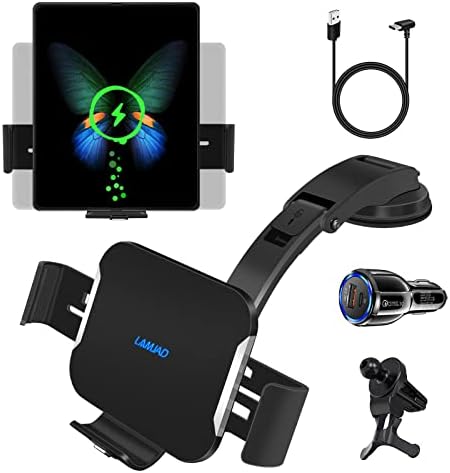 Dual Coils Fast Wireless Car Charger,LAMJAD 15W Smart Qi Car Mount Phone Holder for Air Vent&Dashboard,Compatible with Galaxy z Fold 5/4/3/2/13 Series/8/X/11/12/Pixel 6,with PD3.0 Car Charger