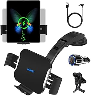 Dual Coils Fast Wireless Car Charger,LAMJAD 15W Smart Qi Car Mount Phone Holder for Air Vent&Dashboard,Compatible with Galaxy z Fold 5/4/3/2/13 Series/8/X/11/12/Pixel 6,with PD3.0 Car Charger