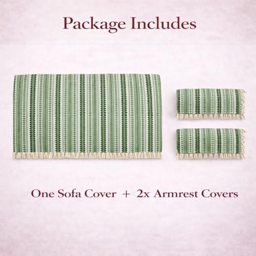 Image of STITCHNEST Woven 3 Seater Sofa Protector with 2 Hand Rest Covers - Green & White Stripe Design - Washable Fabric with Tassels - Stylish Sofa Cover for Modern Living Room & Furniture Decor