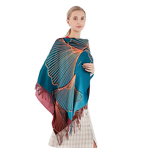 Heasea Large Scarf Wraps For Fall Winter Womens Fashion Cashmere Tassel Scarves Shawls Long Blanket Scarf With Leaf Printed, Gold Leaf #TOP3