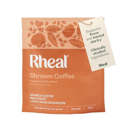 Rheal Superfoods Shroom Coffee 75g Mushroom Coffee Colombian Arabica with 250mg Lions Mane & Maca 100% Certified Organic Supports Calm Energy & Focus 50mg Caffeine Hot or Iced