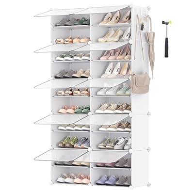 SONGMICS Mueble Zapatero Plástico 10 Compartimentos para 40 Pares de Zapatos con Puertas Estructura de Acero y Estantes de Plástico Armario para Dormitorio Blanco Nube y Transparente LPC035W01
