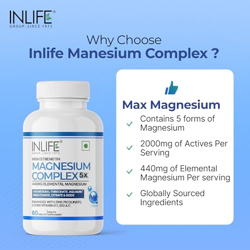 Image of INLIFE Magnesium Complex 2000mg, 5x Salts Glycinate L-Threonate Citrate, Zinc Vitamin C D3 B12, Muscle Nerve & Energy, 60 Tablets (Pack of 2)