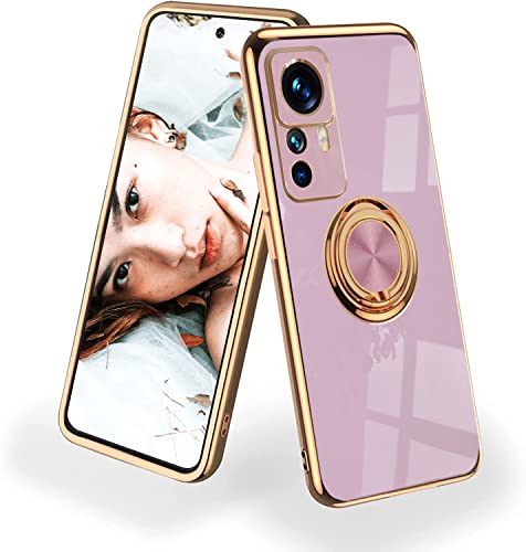NEINEI Antichoc Coque pour Xiaomi 12T Pro 5G,Etui de Très Mince Placage TPU avec Magnétique Support de Bague,Housse de Élégant Miroir Silicone Brillant Cover Case,Violet Cover