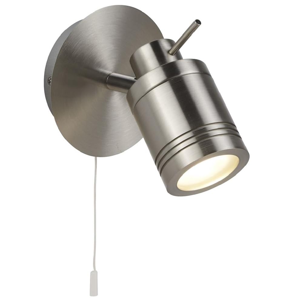 Britalia Satin Silver Chrome Bathroom 1 Lamp Adjustable Switched Spot Light | 10cm Wide | IP44 Rating | Cylindrical Head | 1 x GU10 Lamp Required | 240V UK | Stainless Steel | Pull Cord Switch