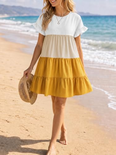 Image of Imysty Womens Boho Floral Ruffle Sleeve Babydoll Loose Flowy Casual Summer Pleated Mini Dress
