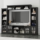 ROMSHINE Wall Unit Entertainment Center, TV Wall Units for Living Room with Storage, 102' W Large Farmhouse TV Stand with Glass Doors, Ajustable Bookshelf & Bridge for Bedroom, Black