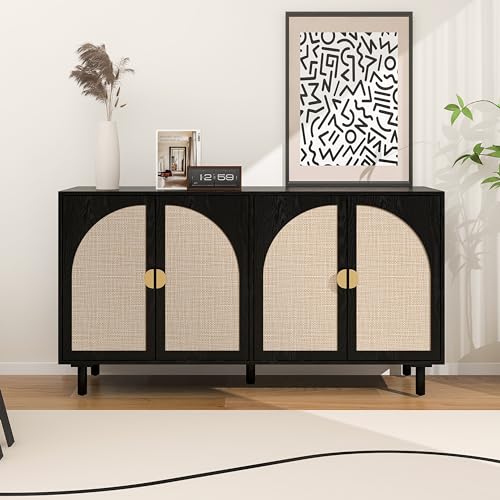 Image of LFGUIZO Black Rattan Sideboard Buffet Cabinet, 4-Door Boho Rattan Storage Cabinet, Coffee Bar with Adjustable Shelf, Accent Furniture for Living Room, Entryway, Home Office, Black
