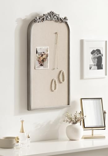 Image of Kate and Laurel Arendahl Arch Pinboard; 13 x 25; Silver; Framed Arched Ornate Vintage Cork Board for Use as Motivational Vision Board or Wall Organizer