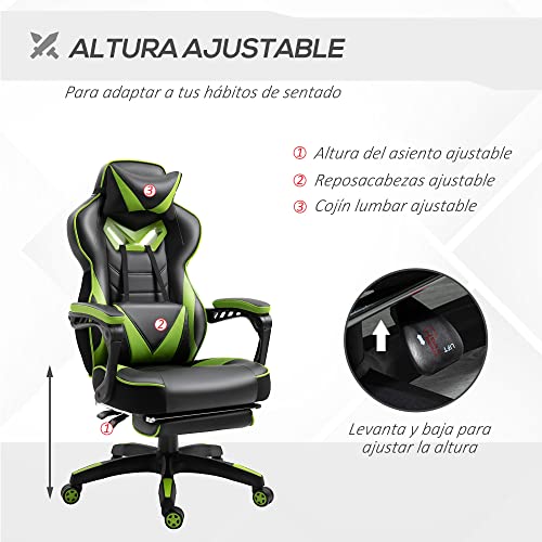 Vinsetto Silla Gaming Ergonómica Silla de Escritorio de Oficina Regulable en Altura Reclinable Respaldo con Reposapiés Reposacabezas Cojín Lumbar Ruedas 65x70x118,5-128,5 cm Verde - imagen 4