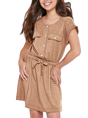 Fisace Girls Kids Dress Short Sleeve Bow Tie Button Down Casual Dresses Summer Slim Waist Tops Khaki #TOP27