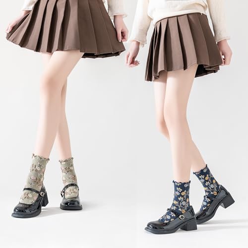 Image of Womens Ruffle Crew Socks Vintage Patterned Ankle Casual Fashion Dress Sock Cute Lettuce Floral Socks 5 /6 Pack