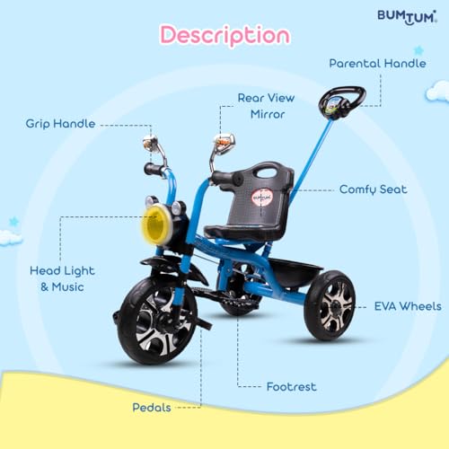 Image of BUMTUM Legendary Baby Tricycle Pedal Bike Rider Stylish | Tricycle for Kids (3-5 Years) Ride-Ons & Wagons Non Battery Operated Ride On Bike with Storage Basket - Blue